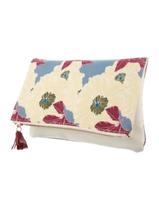 Rachel Pally Fold Over Clutch Handtasche weiß Leder rot blau Blumen Quaste - Bild 1 von 3