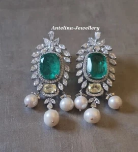 Round Pearl &Columbian Emerald & Diamond Drop Dangle Earring 925 Sterling Silver - Picture 1 of 4