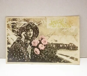 Joyeux Noel Postal Navidad Vintage Mujer Flores Tormenta de Nieve Colorido en blanco y negro - Imagen 1 de 2