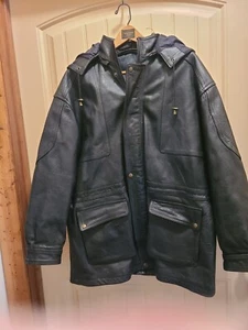 Vintage Antonio Giovanni Hooded Black Leather Coat, w/o inner liner pre owned - Picture 1 of 5