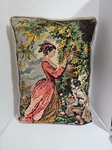Vtg Needlepoint French Lady & Dog Pillow Accent Decor 23"x17" Satin Back - Picture 1 of 10