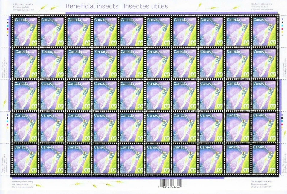 Folha de selos do Canadá de 50, crisopídeos de olhos dourados, # 2235 com erro MNH - Imagem 1 de 1