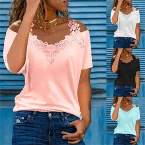 Camiseta Prendas para el torso Mujer Verano Mangas Cortas Lisa Encaje Blusa Talla Grande Damas - Imagen 1 de 11