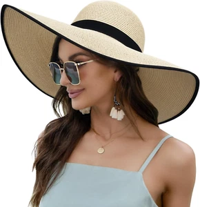 Women Wide Brim Sun Hat UPF50 Straw Summer Hat Floppy Beach Hat Roll-Up - Picture 1 of 12