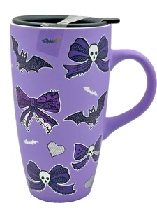 Telarañas y Calderos Púrpura Halloween Arcos y Murciélagos Viaje Taza de Café con Tapa Nuevo con Etiquetas - Imagen 1 de 9