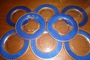(8)Blue Glassware Ground Bottom Plates Spiral Design Duncan Miller? Gold Trim 8i - Picture 1 of 7