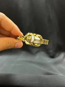 White Scarab Bracelet – Gold Egyptian Bangle with Pearl-Tone Beetle - Picture 1 of 10