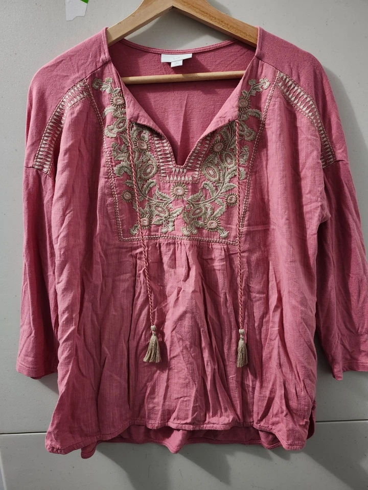 J Jill Top Womens S Petite Pink Oversize Tunic Long Sleeve Embroider Tassel Boho - Image 1 of 4