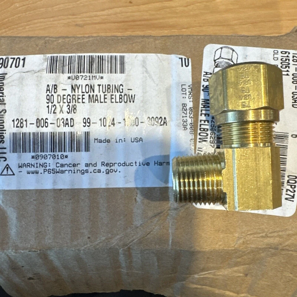 1/2" Tube OD x 3/8" BRASS 90° Degree Male Compression Elbow - Image 1 of 1