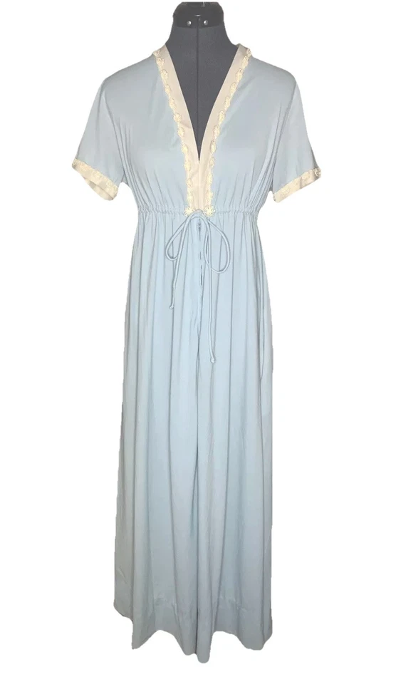 Vestido camisón vintage Vanity Fair azul blanco túnica de anfitriona talla 12 Foto 1 de 4