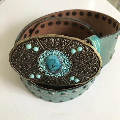 Cinturón Leatherock Adornado Hebilla Azul Turquesa Cuero Genuino Cinturón Tachonado Foto 1 de 4