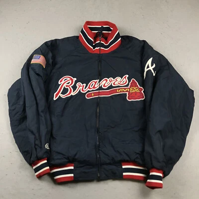 Chaqueta DE COLECCIÓN Atlanta Braves Grande Azul Majestuosa Bandera Americana Parche Dugout MLB Foto 1 de 4