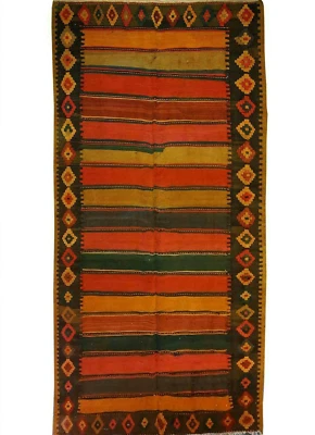 Alfombra Kilim vintage anudada a mano de lana geométrica tradicional oriental 5x12 Foto 1 de 4