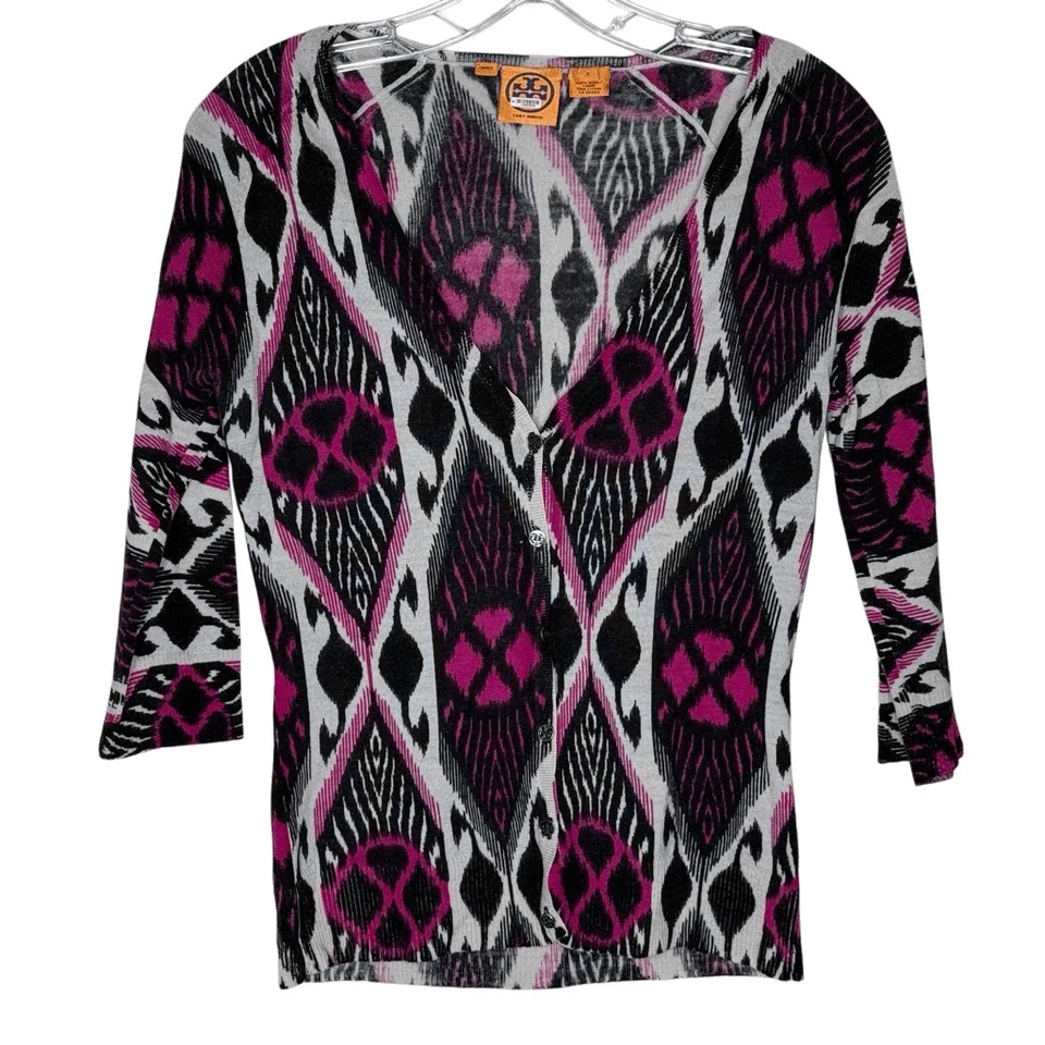 Suéter Pullover Tory Burch Negro Rosa Manga 3/4 Top Talla S Lana Tejido Cuello en V Foto 1 de 4