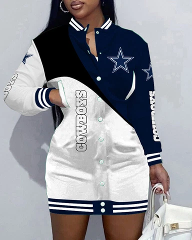 Dallas Cowboys Women's Varsity Jacket Dresses Snap Button Short Dress Coat Tops Cover