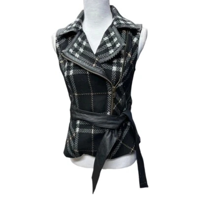 Chaleco CABI #517 Mezcla Lana Rejilla Moto Cuadros Imitación Cuero Cinturón ~ Talla XS Foto 1 de 4