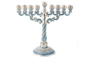 Metal Jeweled Menorah in Blue Sky & Silver - Size: 8.5" x 9" - Picture 1 of 1