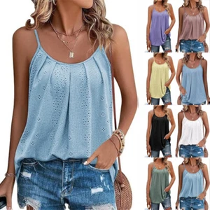 Womens Summer Beach Cami Vest Blouse Hollow Sleeveless Casual Tops Tank Pullover - Picture 1 of 19