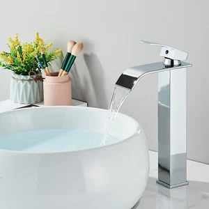 Chrom Waschtischarmatur Hoch Wasserhahn Bad Waschbecken Wasserfall Mischbatterie - Picture 1 of 8