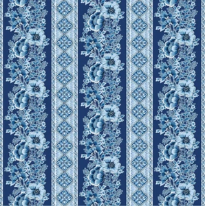 Benartex BLUESETTE 13445 55 Navy Blue Floral Tiles Quilt Fabric JAN SHORES - Bild 1 von 2