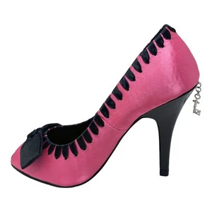 BLACK PINK BURLESQUE HEELS STILETTO BIG BOW SATIN SHOES FANCY DRESS UK SIZE 2.5 - Picture 1 of 13