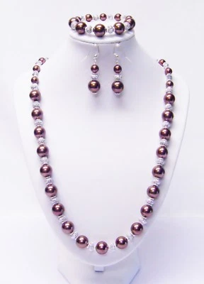 Cuentas de vidrio marrón con fornituras de plata collar/pulsera/pendientes (23,5", plata) Foto 1 de 4