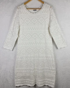 Cottagecore Boho XL Midi Dress 3/4 Sleeves White Lined Crochet Pullover Holiday - Picture 1 of 11