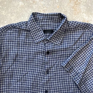 Camisa Ermenegildo Z Zegna Hombres XL Gris Azul A Cuadros Delgada Lino Manga Corta Botón - Imagen 1 de 10