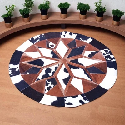 Tapete de retalhos de couro bovino multicolorido feito à mão tapete redondo | Frete grátis - Imagem 1 de 4