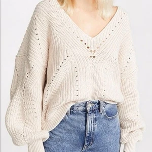 Free People All Day Long Baumwollmischung Grobstrick V-Ausschnitt Pullover Sweater Ivory - Bild 1 von 7
