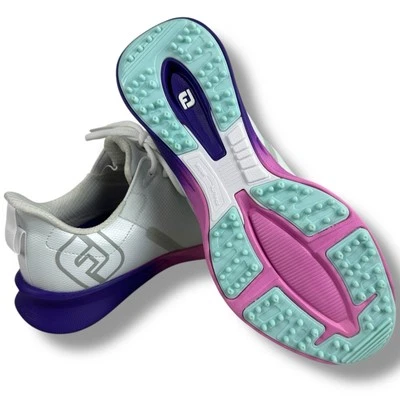 Tênis de golfe feminino FootJoy FJ Fuel Stratolite 7.5 branco rosa roxo novo sem etiquetas com defeito - Imagem 1 de 4