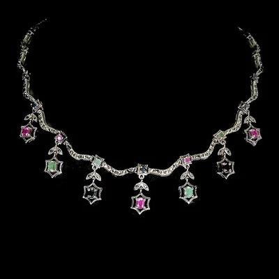 925 Sterling Silver Necklace Oval Ruby Emerald Sapphire Natural Gemstone Jewelry - Image 1 of 4
