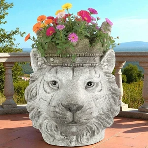 Deko Löwenkopf Pflanzgefäß 32 cm — Steinoptik gekrönt Löwe Gartentopf - Bild 1 von 7