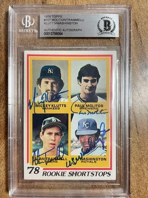 PAUL MOLITOR, ALAN TRAMMELL, UL WASHINGTON, KLUTTS SIGNED 1978 TOPPS RC #707 BAS - Image 1 of 2