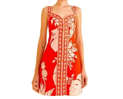 Vestido Farm Rio Rojo Blanco Lino Estampado Monsteras Mini Botones Frontal Talla S NUEVO Foto 1 de 4