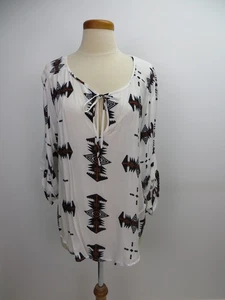 BB Dakota Tunic L White W/ Brown Black Design Boho Casual Long Sleeve Scoop Neck - Picture 1 of 5