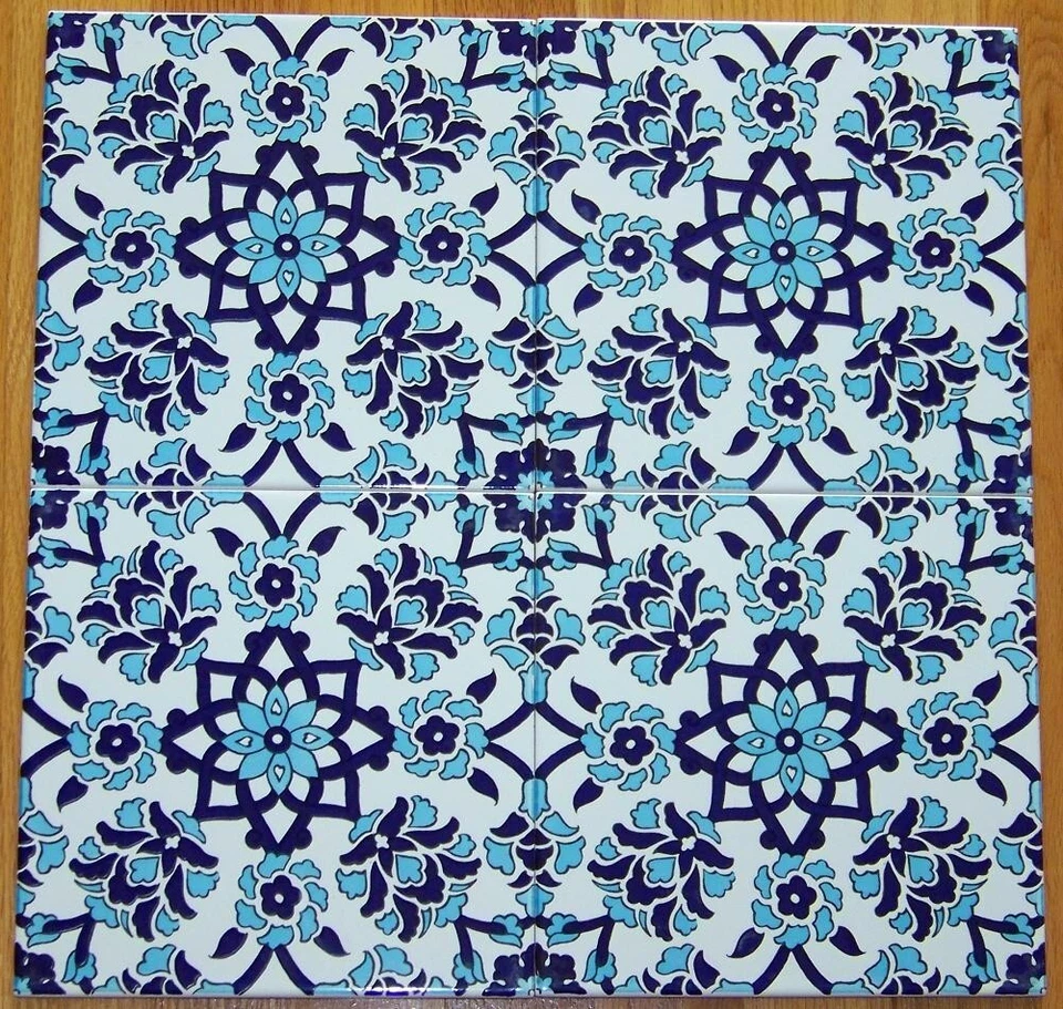 4 8"X8" (40cm x 40cm) Turkish Iznik Blue Carnation & Floral Pattern Ceramic Tile - Image 1 of 1