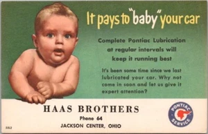Postal publicitaria de Jackson Center, Ohio de los años 50 HAAS BROTHERS PONTIAC/bebé - Imagen 1 de 2