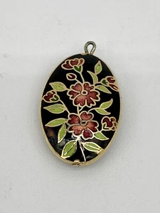 Vintage Cloisonne Pink Red Flowers Floral Gold Tone Oval Pendant Bead - Picture 1 of 7