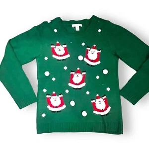 Women”s Santa Christmas Sweater Green with snowballs. Size Medium - Picture 1 of 8