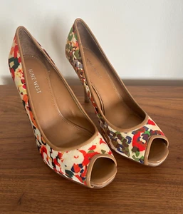 Nine West Jai Peep Toe Pump Heels Shoes Orange Beige Wood Brown Tan Natural 6.5M - Picture 1 of 9