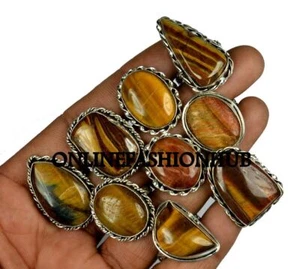 Alluring !! Tiger's Eye Gemstone 925 Sterling Silver Plated Wholesale Lot Rings - Picture 1 of 3