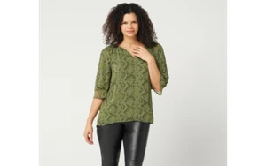 Blusa de cuello dividido H by Halston manga 3/4 con punto de escalera oliva Reg 16 A35118 - Imagen 1 de 3