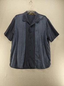 Axist ~ Button Up Men Sz Lg - Geometric Color Block Gray/Blue Silk Bowling Cuban - Picture 1 of 8