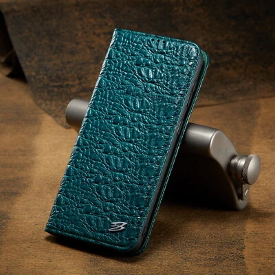 FIERRE SHANN Cocodrilo Cuero Real Imán Abatible Billetera Estuche Cubierta para Samsung S22 S23 S24 Ultra