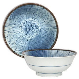 Japanese Ramen Noodle Rice Bowl 7.25"D Porcelain Blue Tokusa Lines Made in Japan - Picture 1 of 5
