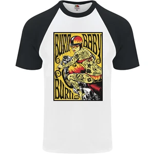 Burn Baby burn Lady Biker Motorcycle Motorbike Mens s/S Baseball T-Shirt - Picture 1 of 50