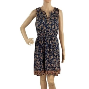 Market & Spruce Navy Boho Sleeveless Mini Dress Floral Print Border Hem Size Sma - Picture 1 of 7