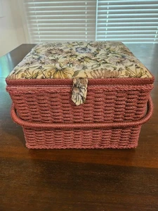 Cesta de costura tejida vintage tela tapa mango bandeja pasador cojín 12”x12”x9,5” - Imagen 1 de 13