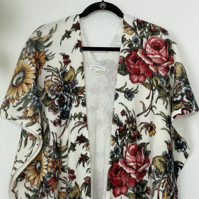 By Anthropologie Kimono Cape One Size Marseille Floral Poncho Tassel Fringe - Image 1 of 4